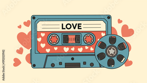 Retro cassette tape with heart patterns and the word love next to a film reel for nostalgic romantic themes.