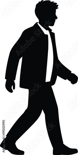 Black silhouette of walking businessman, professional movement concept, confident stride isolated on white background