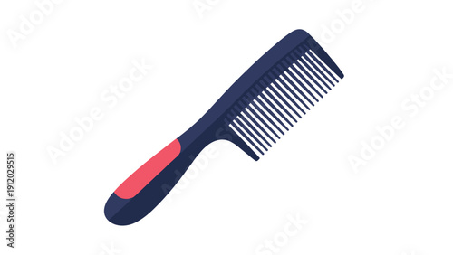 Dark blue hair comb with a vibrant red handle is shown diagonally in a flat vector illustration style for grooming.