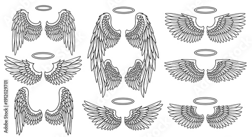 Set of winged halo icons for religious design