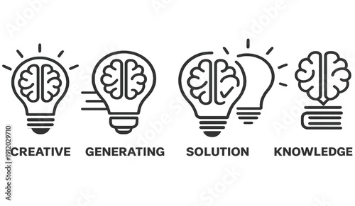 Brain in light bulb icon set. Creative, generating idea, solution , knowledge, lamp - stock vector