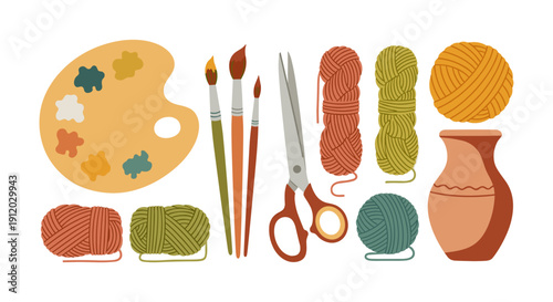 Creative hobby and craft tools flat icons set