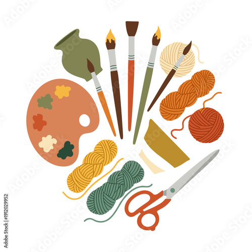 Art supplies and craft tools circular composition