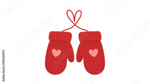 Pair of red knitted mittens featuring pink hearts is connected by a long red string shaped like a heart in the center.