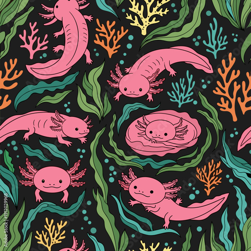 Seamless pattern with pink axolotl and coral reef
