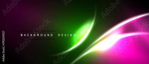 Vibrant abstract background. Neon curves blend pink, green, yellow hues. Dark space creates dramatic visual effect. Modern design element.