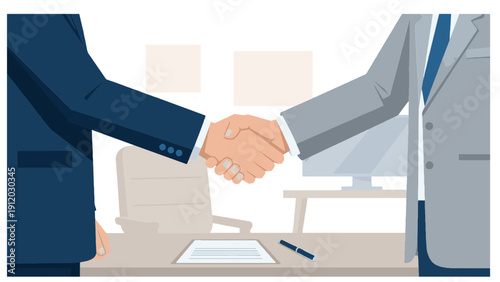 Business handshake agreement, showing partnership and successful deal, with office background