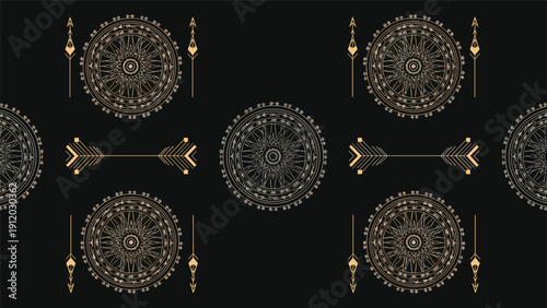 Intricate pattern of golden mandalas and geometric arrows is displayed repeatedly on a solid black background.