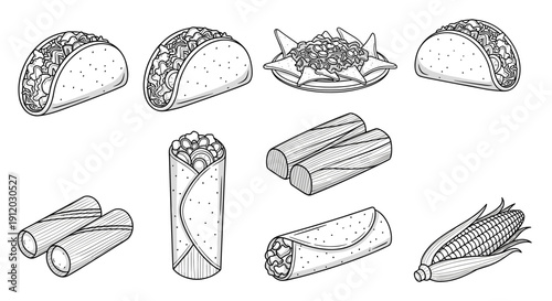 Taco and burrito outline sketches for menu design