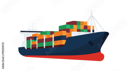Large container ship carrying multicolored cargo boxes sailing across a white background for logistics and global trade.