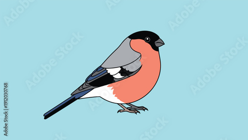 Bullfinch bird standing on a light blue background showing its distinctive red breast and black cap in profile view.