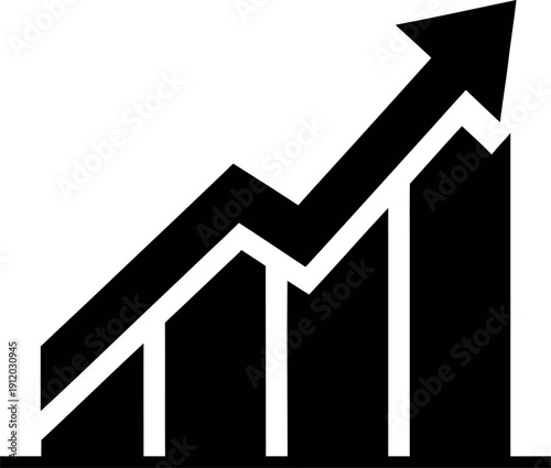 Black and White graphic showing a rising bar chart with an upward trending arrow symbolizing growth