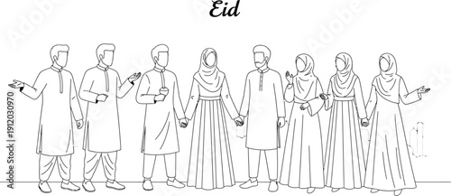 Black and white line art illustration depicting a diverse group of Muslim men and women celebrating the joyous occasion of Eid together in unity