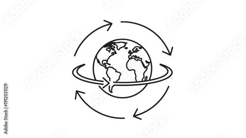 Global connectivity concept featuring a rotating globe illustration with surrounding arrows.