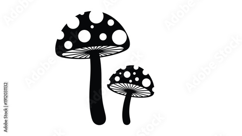 Silhouette of two mushrooms with polka dots on their caps presented as a bold black and white graphic on a white background.