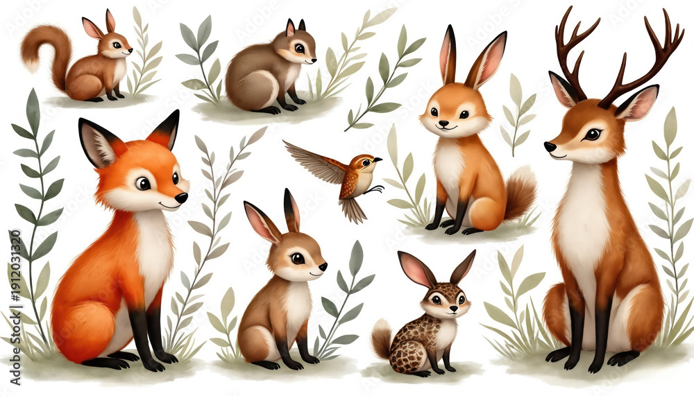 Obraz premium Cute watercolor woodland animals illustration set with fox, deer, rabbits, squirrel, bird, badger. Nature elements like leaves, grass create forest theme. Perfect for kids books, nature educational