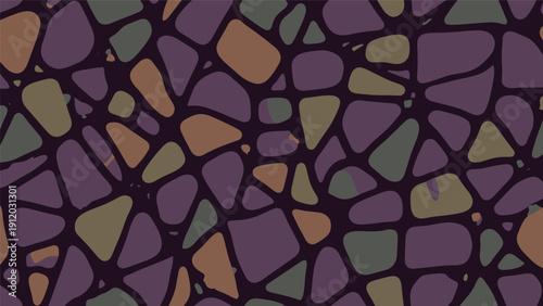 Organic abstract pattern with irregular stone like shapes in earth tones of purple brown and green for natural texture.