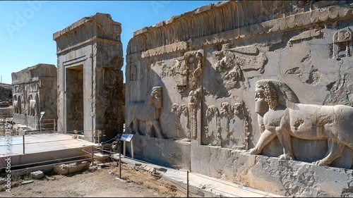 Ancient Persian Ruins with Lion Sculptures.
