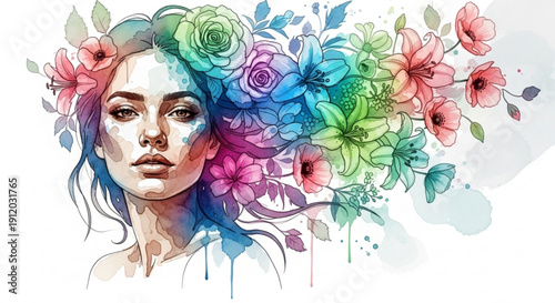 Woman with colorful flowers in hair floral crown watercolor portrait serene expression vibrant blooms artistic illustration white background