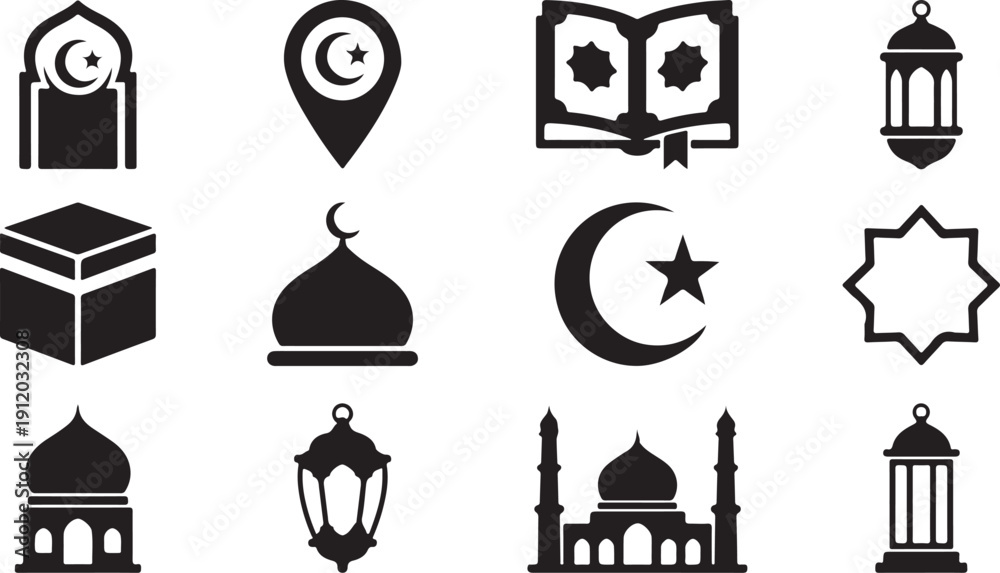 Fototapeta premium Islamic Vector Illustration Set – Mosque, Crescent Moon, Prayer, Lanterns, and Ramadan Kareem Symbols