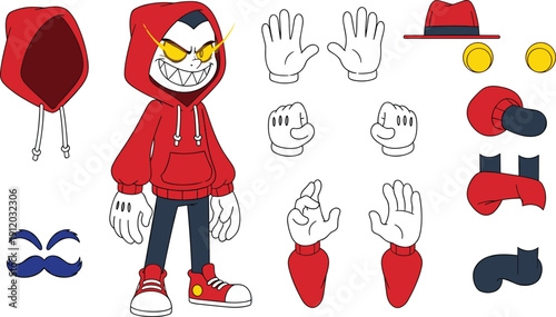 Character design sheet of a cartoon villain wearing red hoodie sneakers and gloves in retro rubber hose animation vector style.