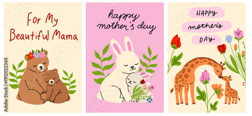 Cute Mother’s Day Card Set with Animal Moms and Babies