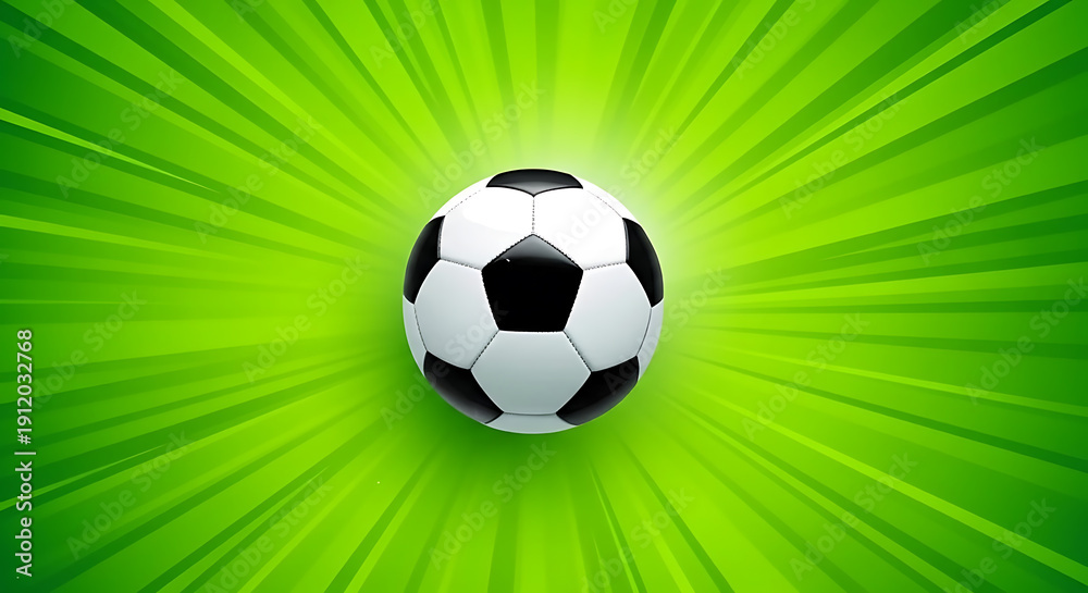 Obraz premium Vibrant soccer ball on dynamic green background with radiant lines