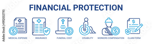 Financial Protection web banner icon vector illustration concept with icon of medical expense, insurance, funeral cost, disability, workers compensation, and claim form.