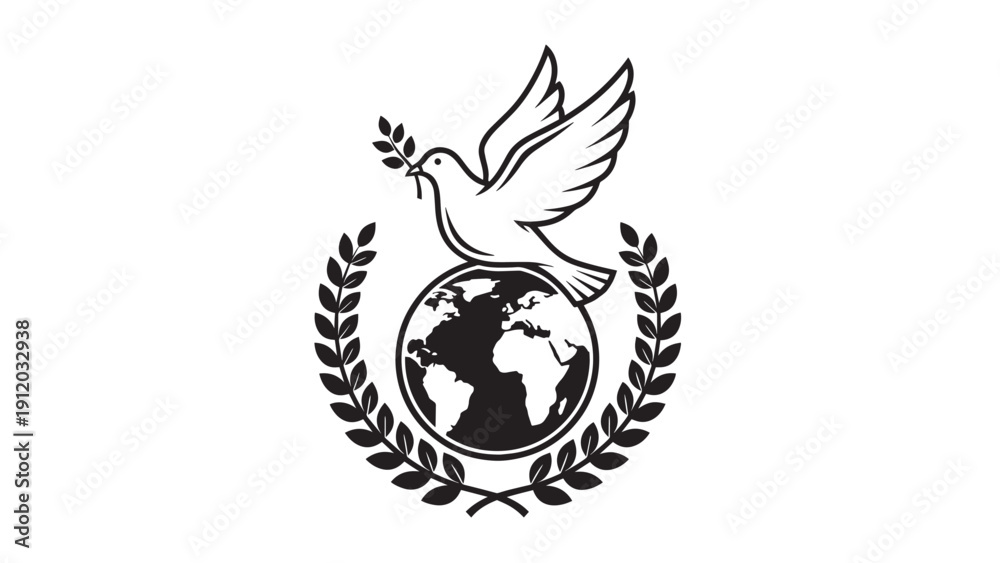 Fototapeta premium Peaceful dove above a globe surrounded by laurel wreath symbolizing unity and global harmony.