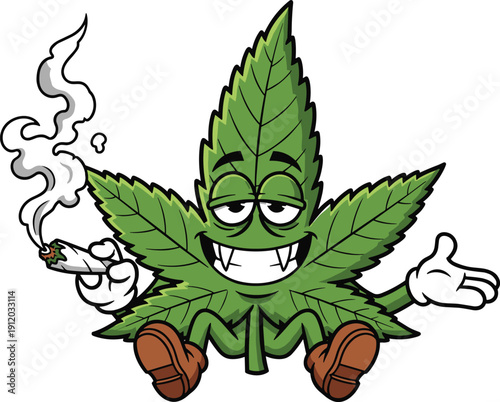 Funny Cartoon Cannabis Leaf Character with Vampire Fangs Smoking a Joint Isolated on White Background for Halloween and Marijuana Branding