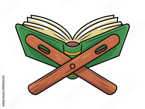 Open sacred book resting on a wooden stand, symbolizing knowledge and faith.