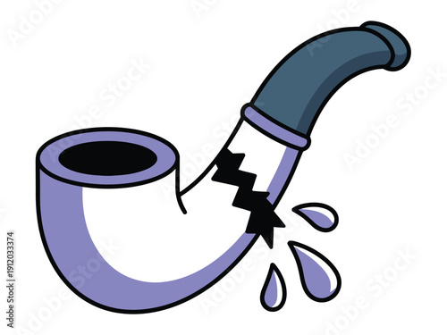 A cartoon illustration of a broken purple pipe with water leaking out