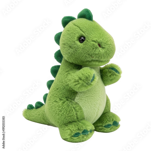 A cute green plush toy dinosaur with a friendly expression and spiky back. isolated on transparent background