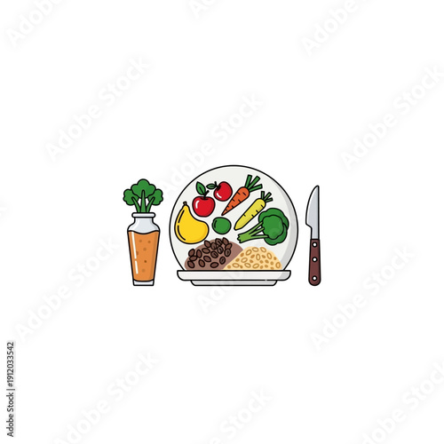 Healthy Meal Plate with Vegetables, Fruits, and Grains