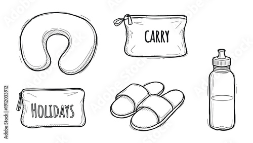 Schilderij op canvas Travel Essentials: A collection of travel-related items, including a neck pillow, a carrying pouch, a pouch labeled HOLIDAYS, a pair of slippers, and a water bottle