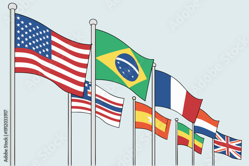 Flagpoles with colorful national flags of United Nations countries, waving together as a symbol of international organization and worldwide peace.