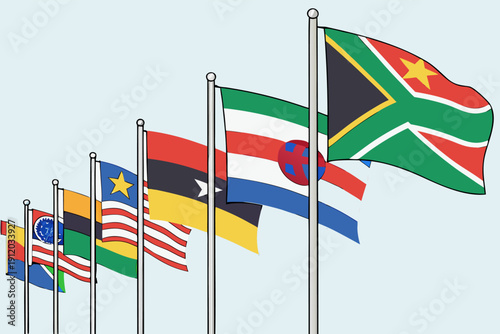 Multiple national flags of UN member nations floating in wind on poles. Concept of international organization, harmony, and worldwide peace.