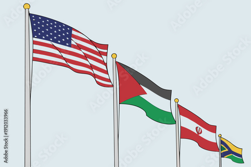 National flags of UN member countries flying together on tall poles, representing worldwide unity, international organization, harmony, and peaceful global relations.