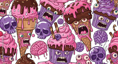 Seamless Pattern of Horror Monster Ice Cream Cones and Cupcakes with Skulls Brains and Eyeballs in a Pop Art Doodle Style