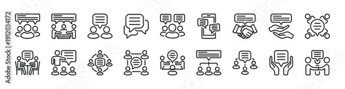 Opinion and insight of group people icon set. Contains discussion, comment, dialogue, communication, advice, conversation, chatting social media, conference, meeting - vector illustration