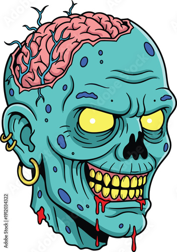 Zombie Head Vector Illustration with Exposed Pink Brain Glowing Yellow Eyes and Golden Earrings Isolated on White Background for Horror Design