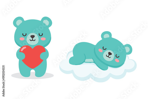 Sleepy bear on cloud and bear holding red heart illustration set, cute blue animal characters for nursery and valentines