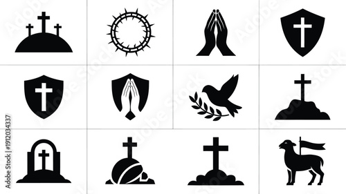 Christianity symbols grid featuring crosses praying hands doves and shields on white background for design use