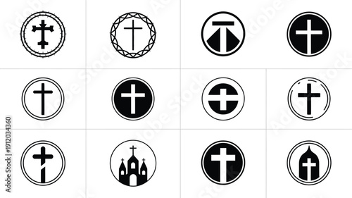 Collection of 12 black and white christian cross symbols on a grid background