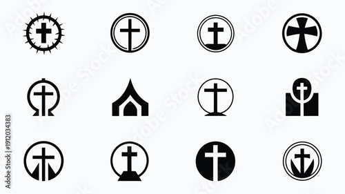 Collection of 12 modern minimalist christian cross symbols and church icons in black on white background