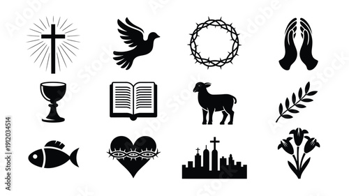 Christian symbol logo pack featuring cross dove lamb chalice and bible icons in black on white background for religious design