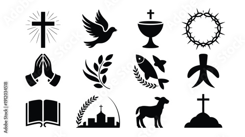 Christianity symbols and icons set including cross dove fish bread wine crown of thorns praying hands and holy book on white background for design and religious purposes