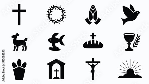 Minimalist christian symbols grid layout with 12 icons on white background for design and religious themes