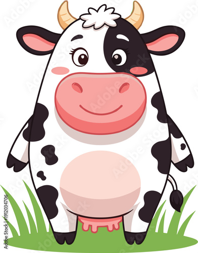Adorable Dairy Cow Cartoon Character Standing in Green Grass for Farm Animal Themes Livestock Branding and Childrens Nature Education Vector Designs
