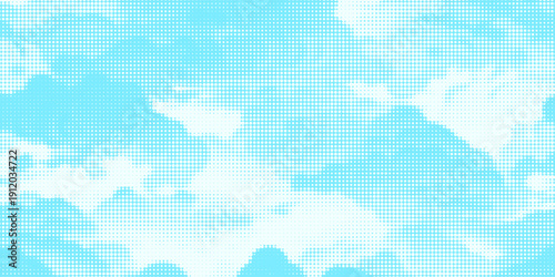 Dotted comic cloud background. White halftone clouds in blue sky. Pop art heaven wallpaper for banner, brochure, collage, poster, leaflet. Pixelated smoke, smog or fog texture. Vector illustration